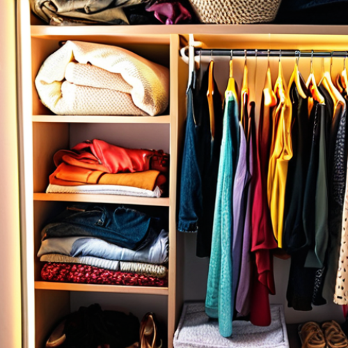 Home 4 **Image Prompt:** A brightly lit, overflowing wardrobe/closet with a diverse collection of clothes in various styles and colors. Some clothes are spilling out. Hands are reaching in to sort through the items. Focus on creating a sense of abundance and perhaps a slightly overwhelming feeling of clutter, emphasizing the "before" scenario of decluttering. Style: Realistic, slightly warm lighting.