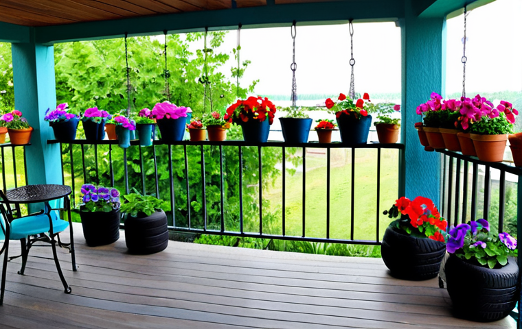 Bohemian Balcony Garden**
"A colorful balcony garden featuring repurposed tires as hanging planters, bursting with vibrant petunias and geraniums. The tires are painted in bright, cheerful colors. Fully clothed people are enjoying the serene space. Safe for work, appropriate content, fully clothed, modest, family-friendly scene. Perfect anatomy, correct proportions, natural pose, well-formed hands, proper finger count, professional, high quality, safe for work."
**