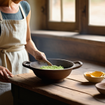 Home 11 천연 염색 방법 - A serene, sun-drenched scene in a rustic French country kitchen. A woman with soft, kind eyes, weari...