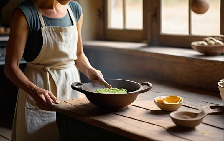 천연 염색 방법 - A serene, sun-drenched scene in a rustic French country kitchen. A woman with soft, kind eyes, weari...