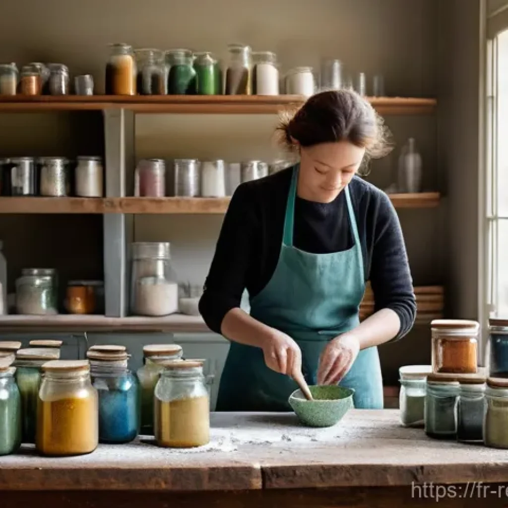 친환경 페인트 만들기 - The Modern Alchemist's Workshop**
"A female adult, dressed in a practical, slightly paint-splattere...