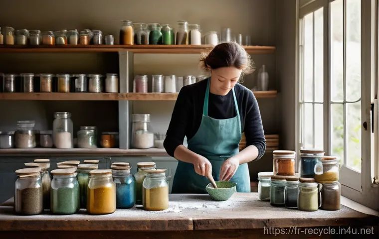 친환경 페인트 만들기 - The Modern Alchemist's Workshop**
"A female adult, dressed in a practical, slightly paint-splattere...