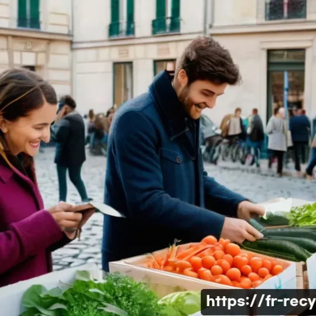 재활용 제품의 친환경 인증 - **A bustling Parisian marketplace scene.** A young woman with a reusable tote bag is carefully selec...