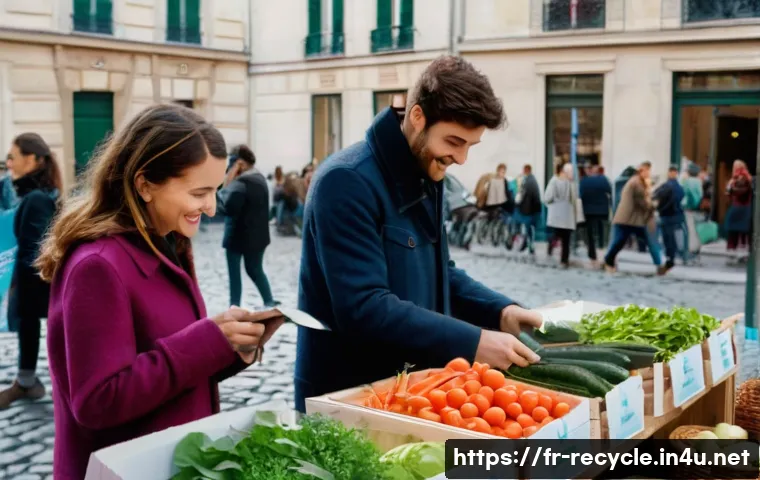 재활용 제품의 친환경 인증 - **A bustling Parisian marketplace scene.** A young woman with a reusable tote bag is carefully selec...